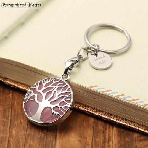 Personalized Master Name Engraved Gem stone Chakra Healing Crystal Tree of Life Pendant DIY Keychain Stainless Steel Key Ring