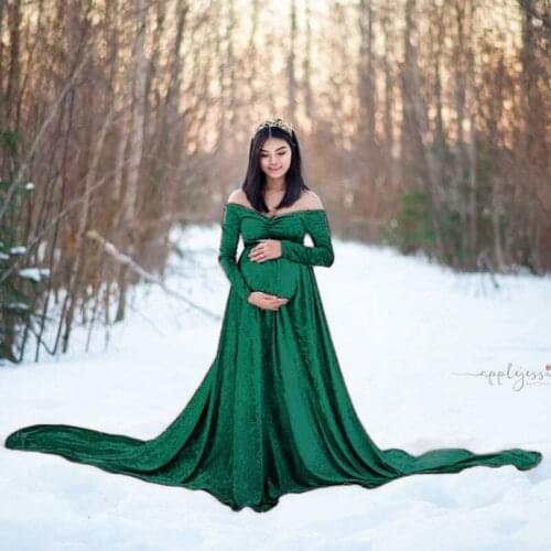 Long Velvet Maternity Off Shoulder Gown Dresses Sexy Long Sleeve Maxi Gown Clothes For Pregnant Women Photo Shoot
