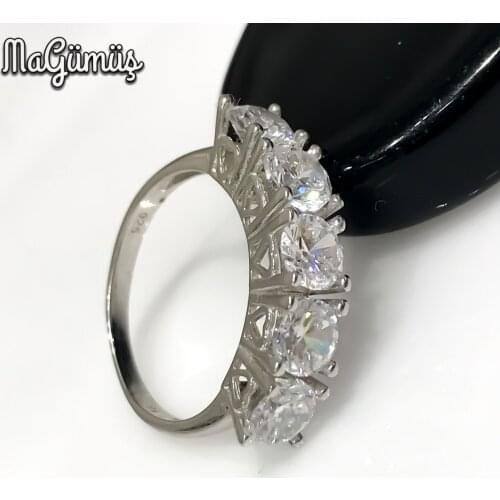 Diamond Design Heart Montür Zircon Five Stone Silver Ring