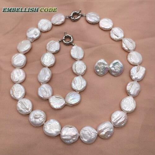 White Color 18mm Bead Choker Necklace Bracelet Stud Earring Jewelry Set Round Coin Button Flat Shape Natural Freshwater Pearls
