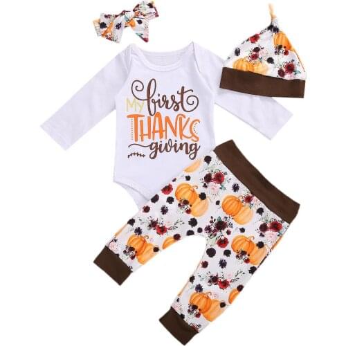 Infant Baby 4Pcs Suit Set Floral Thanksgiving Print Round Neck Long Sleeve Baby Romper+ Pumpkin Trousers+ Headband+ Hat White