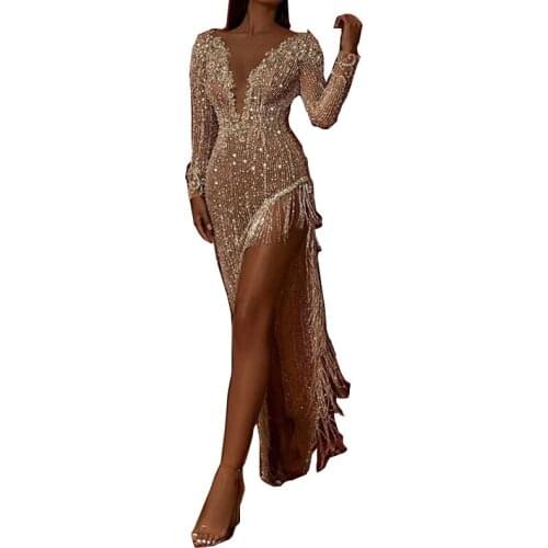 Beautiful Mesh Sequins Gown High Slit Sexy Dresses Elegant Long Sleeve Tassels Patchwork Chirstmas Party Outfits New