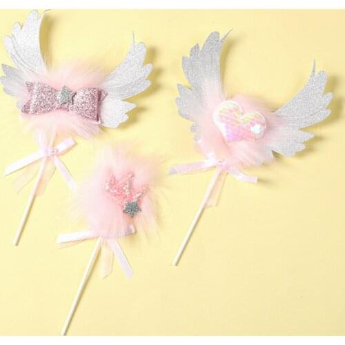 Wing Feather Crown Heart Bow Happy Birthday Cake Topper For Wedding Birthday Party Decor Supplies Cake Baking Decorations