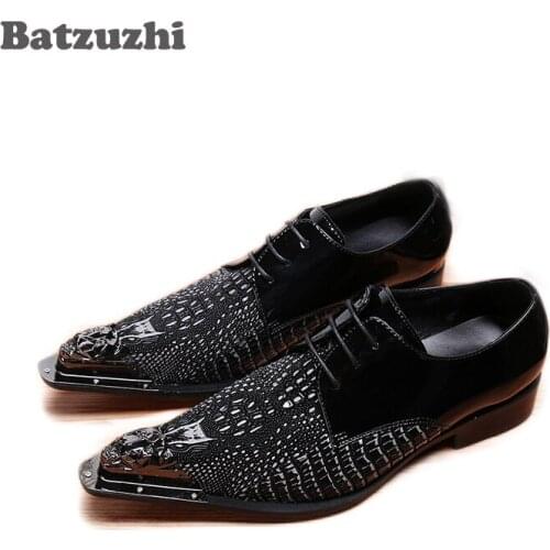 Batzuzhi Oxford Shoes Men Pointed Metal Toe Black Leather Shoe Men Slip-on Formal Business Leather Footwear, Big Size US6-12