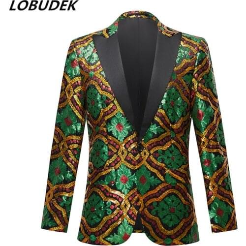 Mens Lapel Glitter Multi-color Sequins Blazer European Style Embroidery Slim Suit Jackets Singer Host Stage Performance Tuxedo