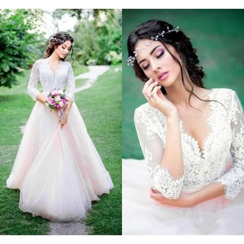 2021 New Glamorous V Neck Pink Tulle A Line Wedding Dresses Lace Appliques 3/4 Long Sleeves Country Bridal Gowns Boho