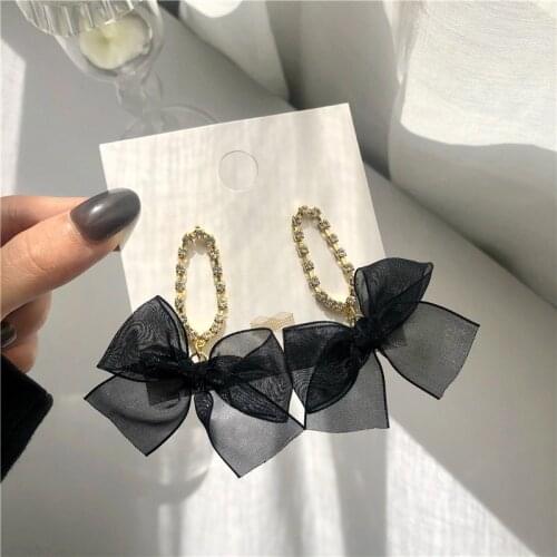 New Black Big Bowknot Clip Earrings for Women Cubic Zircon Circle Statement Earrings