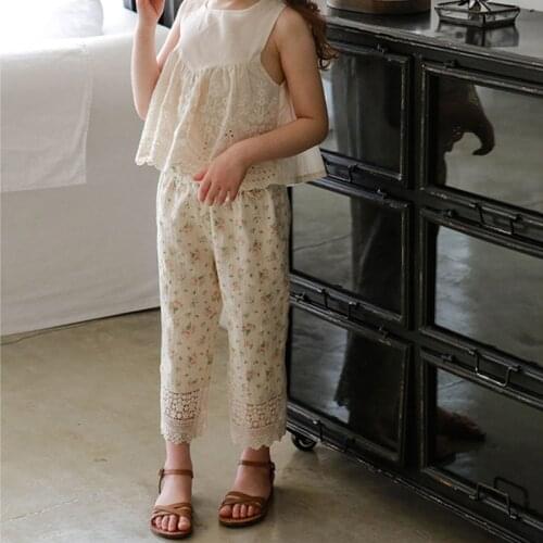 Summer new pieces flowers 9 points pants soft cotton anti-mosquito pants girl beach pants childrens pants