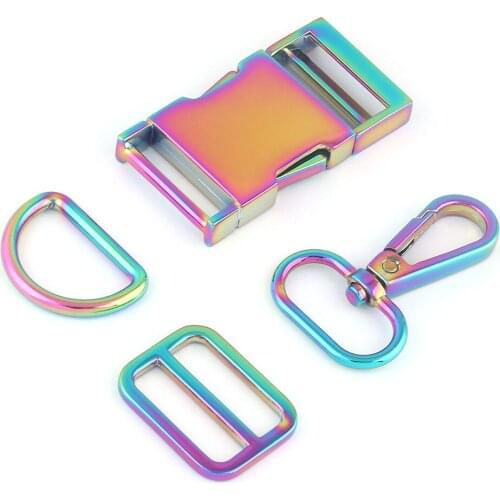 1"(25mm)Rainbow Metal Adjuster Slide Release Buckle,D Ring Strap Swivel Clasps Dog Collar Hardware Making Purse Backpack Webbing