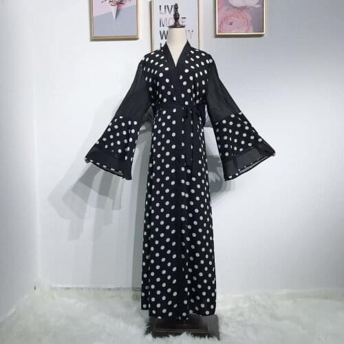 Elegant Muslim Abaya Polka Dot Full Dresses Cardigan KimonoLong Robe Gowns Jubah Middle East Eid Ramadan Islamic Prayer