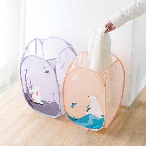 Foldable Household Outdoor Room Cartoon Large Capacity Dirty Clothes Basket Laundry Basket Cloth Net Storage Bucket with Lanyard