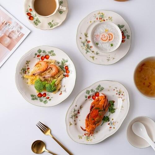 Ceramic Dish Bowl Set Strawberry Flower Pattern Salad Dessert Dishes Fish Oval Plate Soup Rice Bowls Dinnerware Retro Plates