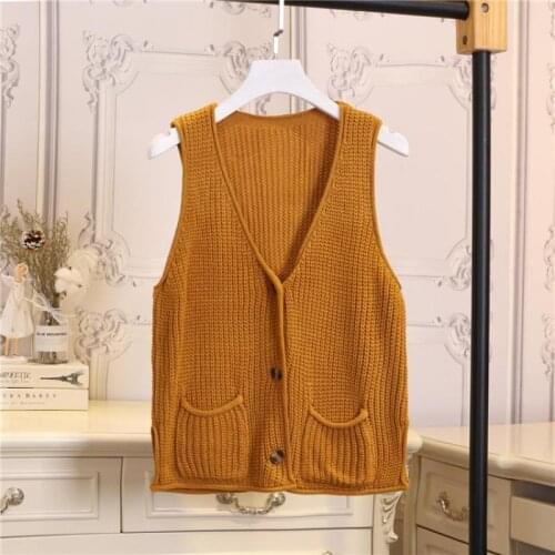 V-neck Sleeveless Short Cardigan Sweater Vest Female Side Pocket Decoration Single-breasted Loose Knitted Sweater Women Spring