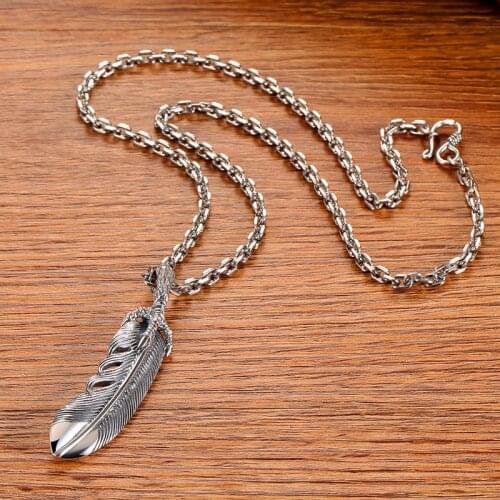 S925 Silver Vintage Handmade Eagle Claw Feather Pendant Necklace Auspicious Ruyi,Bring Big Money,Ward Off Evil,Change Luck Amule