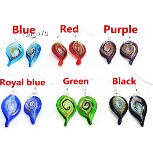 Yingwu Fashion 1 Pair Gold Sand Glass Murano Leaf Twist Pendant Earrings Jewelry