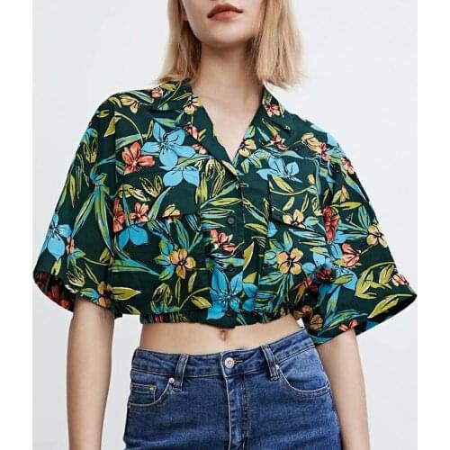 ZA 2021 Summer Women Drawstring Blouse Female Loose Thin Top Floral Printed Casual Sweet Girls Shirt Short Sleeve Short Blouse