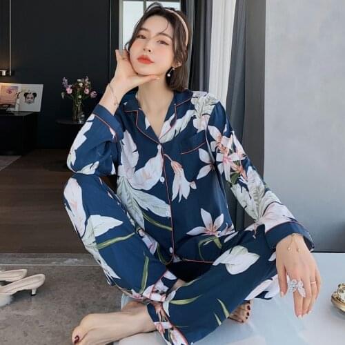 Womens Pajamas Two-Piece Cotton Floral Print Turn-Down Collar Long-Sleeved Tops Trousers Thin Pajamas Female Casual Sleepwear