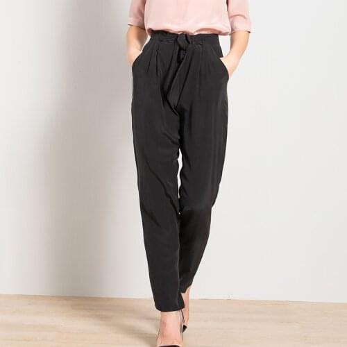 2019 Summer Pure Silk Ankle Length Trousers 100% Mulberry Silk Bow Belt Women Harem Pants L XL Free Shipping