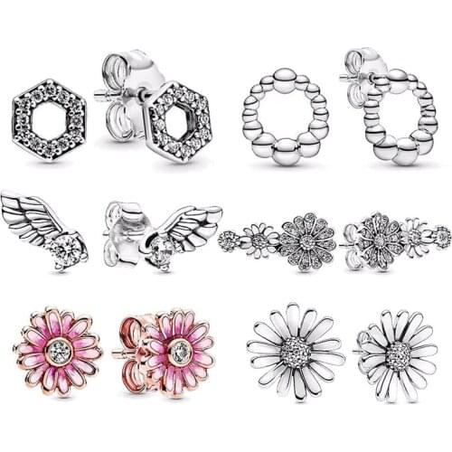 Real 925 Sterling Silver Earring Pink Daisy Square Sparkle Honeycomb Hexagon Earrings For Women Wedding Gift Fashion Jewelry