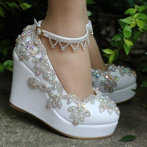 High Heels Party Rhinestone Round Toe Wedges 11.8CM High Heels Womens Wedding Shoes