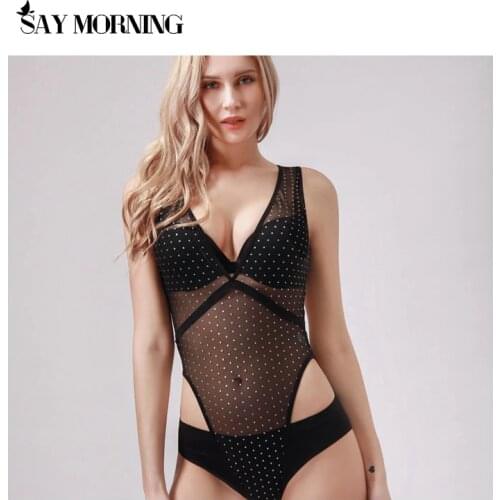 SAY MORNING 2020 Women V-Neck Jumpsuit Black Shiny Sexy Fitted Bodysuit Mid Waist Bodysuit Summer Sleeveless Bodysuit