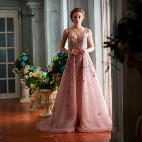 Finove Evening Dress Long 2020 New Pink Chic Neck Line Sexy Backless Appliques Organza Floor Length Woman Dresses Plus Size