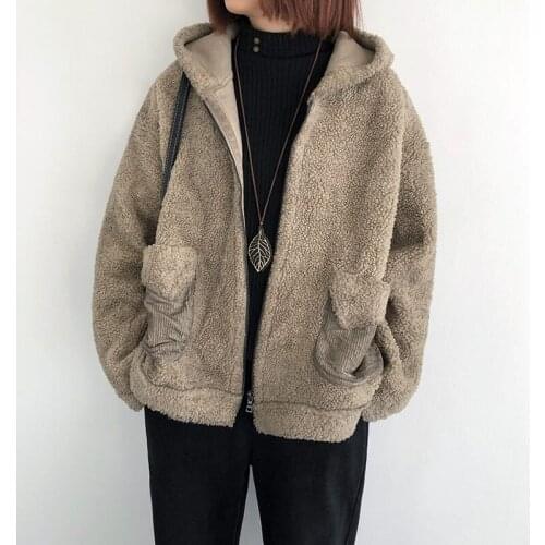 Furry Lamb Wool Coat Women Autumn And Winter New Retro Loose Large Size Casual All-Match Jacket Thick Warm Hooded Jaqueta y1539