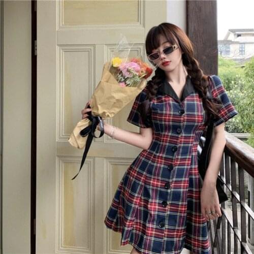 Women Dress Vintage Plaid A-line Dresses With Belt Turn down Collar Korean Style Fashion Design Woman Summer Dress