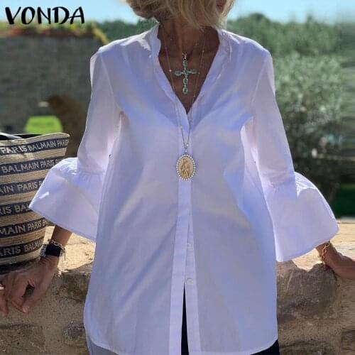 White Shirts Women Solid Color Flare Sleeve Shirts Spring Blouse 2021 VONDA Sexy V Neck Button Up Office Shirts Femininas Blusas