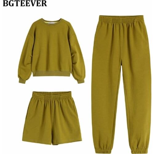 BGTEEVER Fashion Autumn Women Tracksuits O-neck Pullovers Elastic-waisted Shorts Harem Pants Female Cotton Sweatshirt Suit 2021
