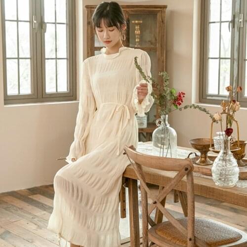 BLLOCUE Retro Gradient Pleated Long Dress Temperament Casual Ladies Dresses vestidos
