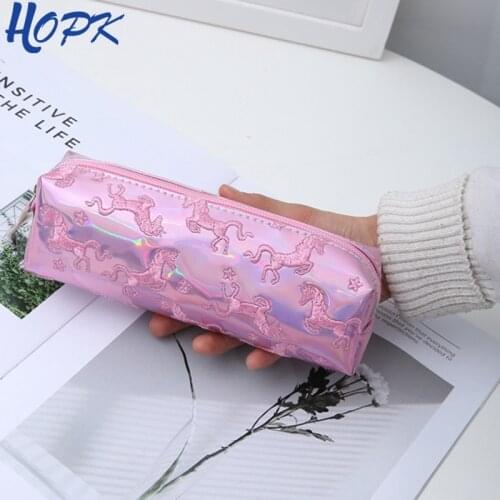 HOPK Embroidery Laser Unicorn Pencil Case School Pencil Box Makeup Pencil Bag Big School Supplies Stationery