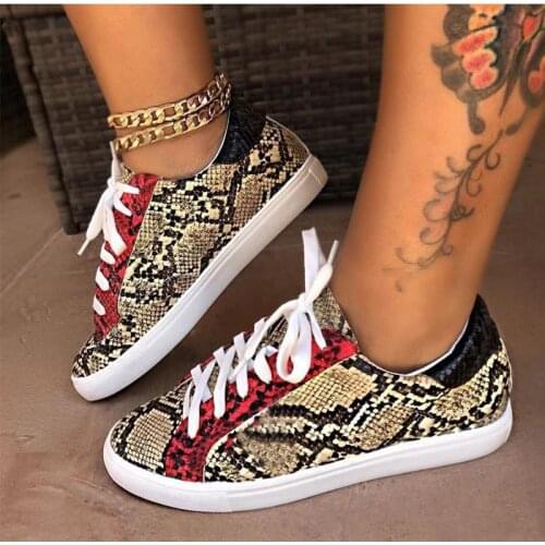 Autumn Shoes Women Casual Platform Flats Snake PU Vulcanized Lace Up Female Sneakers Fashion White Shoes Ladies Leisure Footwear