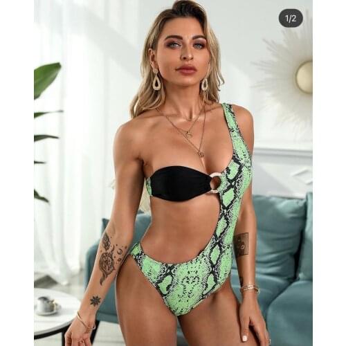 KZ0623 2021 Sexy One Shoulder Cut Out Snakeskin Print Swimsuit Women One-Piece Swim Wear Bikini