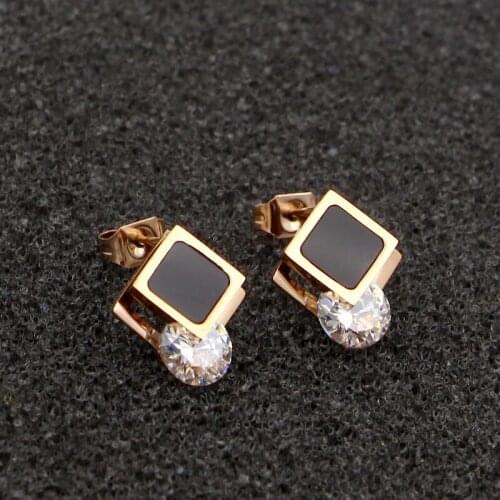 Martick Cubic Earrings Rose Gold Color Square Shape Black Woman Femmal Stud Earrings With Shining Rhinestone Jewelry E36