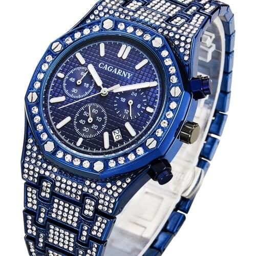 Chronograph Men Watches Blue Stainless Steel Waterproof Quartz Watch Men Fashion Diamond Male Clock sport business Watch