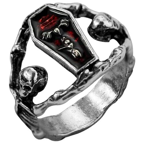 Mens Boys Gothic Vampire Skeleton Skull Bloody Red Enamel Coffin Stainless Steel Ring Biker Jewelry US size 7-12 Halloween gift