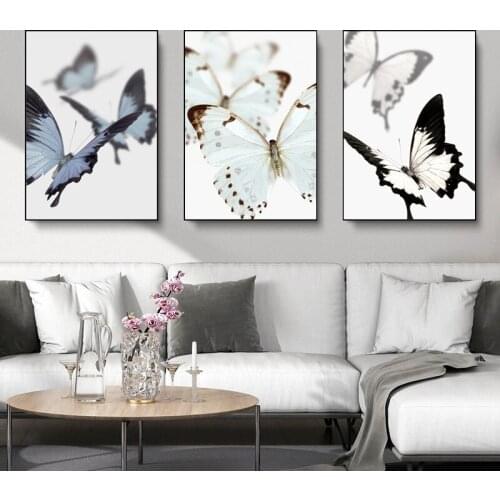 Bule Black and White Pure White Butterfly Wall Poster HD Print Canvas Painting Simplicity Style Art Picture for Living Room Deco