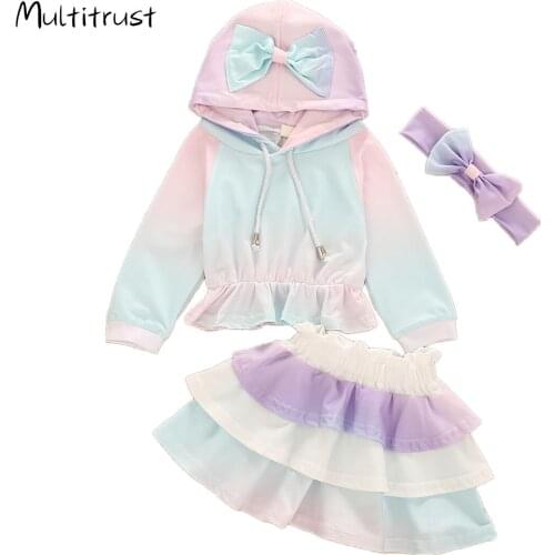 Autumn Baby Girls Clothes Sets Tie Dye Printed Ruffles Hooded Long Sleeve Pullover Tops +Demixing A-Line Skirts+ Headband