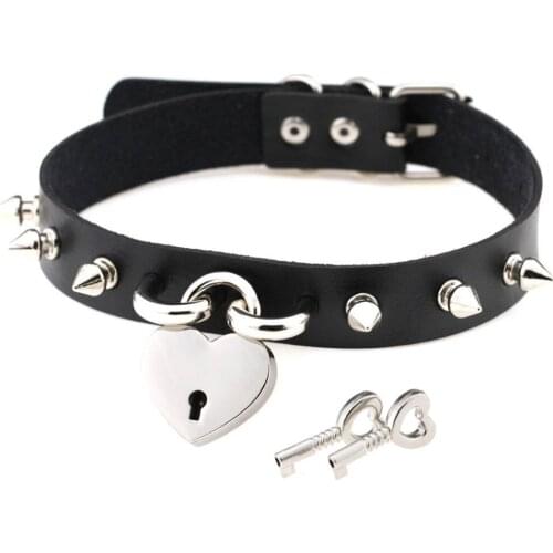 Harajuku Punk Rock Alloy Rivets PU Leather Collar Colier Heart Love Lock Pendant Women Choker Necklace Femme Gift Jewelry