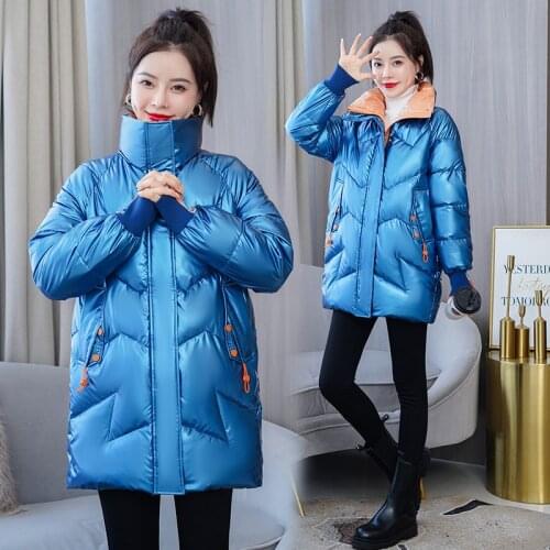 Plus size 3XL Long Coat Women Winter Puffer Jackets Fashion Stand Collar Glossy Windproof Warm Patchwork Casaco Feminino Inverno