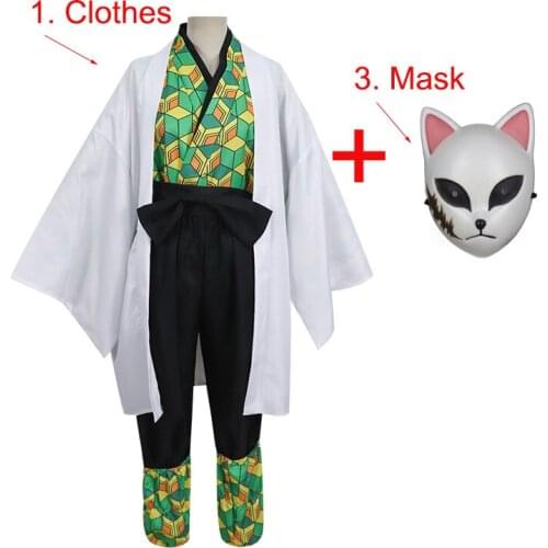 Demon Slayer Kimetsu no Yaiba Kamado Tanjirou Sabito Full Set Cosplay Costume Mask Halloween Funny Costume