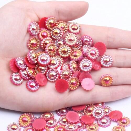 Half Round Pearls Sunflower 9mm 200/2000pcs Many AB Color Imitation Glue On Resin Beads Appliques For Wedding Dress Decoration
