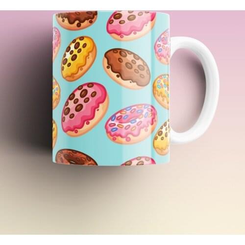 Donut Pattern Patterned, Printed White Mug Cup, Porcelain Raw Material, Handle, Gift Product, quality Mug and Printing