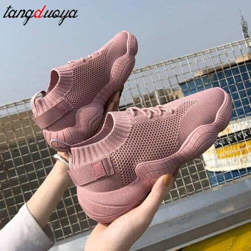 Women Mesh Breathable Sneakers Sock Vulcanized Shoes Lace-Up Flat Platform Spring Outdoor Pink New Green Wedges for Women Shoes