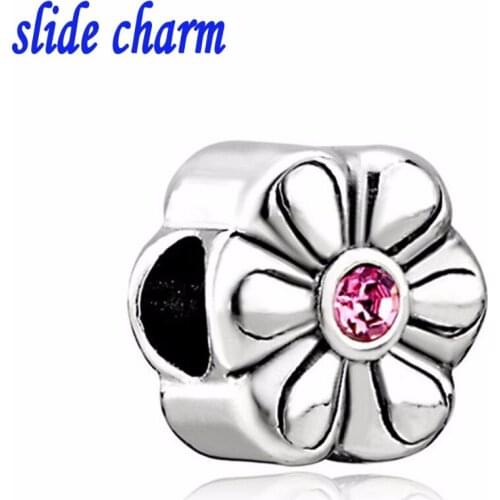 Slide charm Free shipping Fashion personality gift Mosaic pink flowers in the center of the crystal fit Pandora bracelet