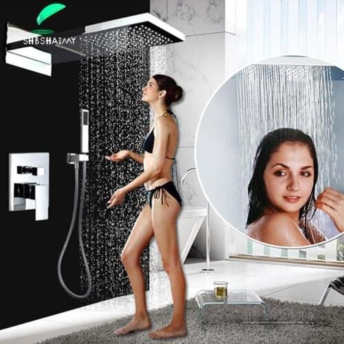 Bathroom Shower Faucet Set System Chrome Rain Waterfall Square Shower Head Big Size Wall Mounted 3-ways Hot Cold Mixer Tap