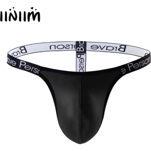 Men Gay Underwear Faux Leather Panties Sexy Bulge Pouch G-string Briefs Low Waist Open Butt Thong Letter Print T-back Underpants