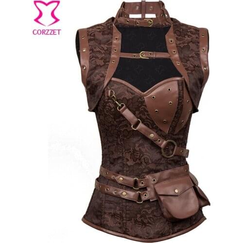 Vintage Brown Brocade Sexy Gothic Corsets And Bustiers Steampunk Clothing Women Plus Size Corset Waist Trainer Steel Bone S-6XL