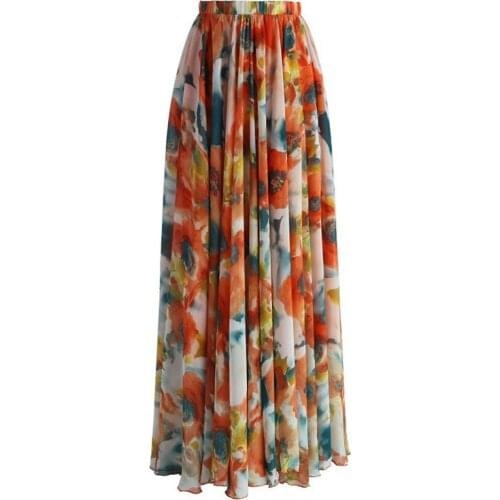 Plus Size Women Chiffon Pleated Skirt Floral Jersey Long Maxi Skirt Womens Boho Skirts Beach Wear High Quality Ladies Skirts